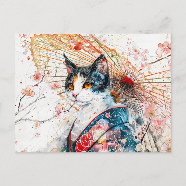 Postal Gato Calico Geisha con paraguas rojos en tinta chi (Anverso)