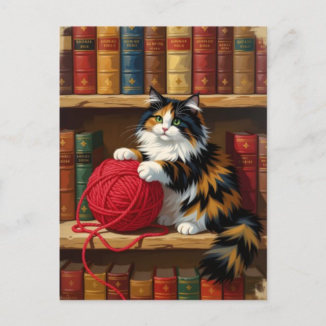 Postal Gato Calico Jugando Con Yarn En Una Librería (Anverso)