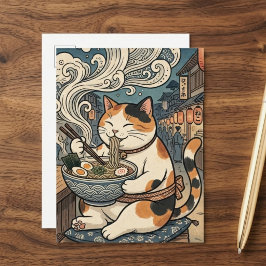 Postal Gato Calico Lindo Comiendo Ramen Arte Japonés