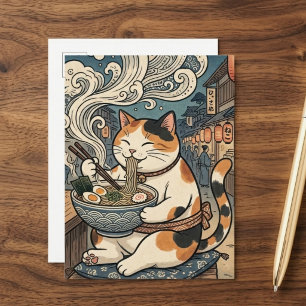 Postal Gato Calico Lindo Comiendo Ramen Arte Japonés