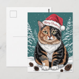 Postal Gato Calico Lindo Sombrero de Santa Feliz Navidad 