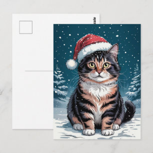 Postal Gato Calico Lindo Sombrero de Santa Feliz Navidad 