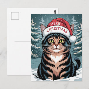 Postal Gato Calico Lindo Sombrero de Santa Feliz Navidad
