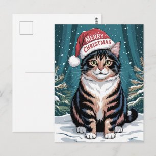 Postal Gato Calico Lindo Sombrero de Santa Feliz Navidad