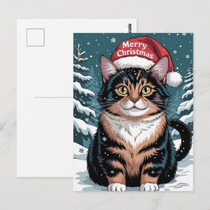 Postal Gato Calico Lindo Sombrero de Santa Navidad Feliz