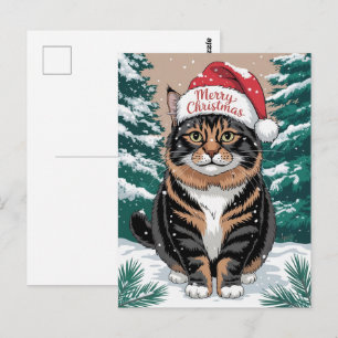 Postal Gato Calico Lindo Sombrero de Santa Navidad Feliz 