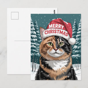 Postal Gato Calico Lindo Sombrero de Santa Navidad Feliz