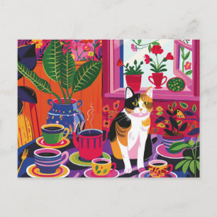 Postal Gato calico maximalista y sala de té