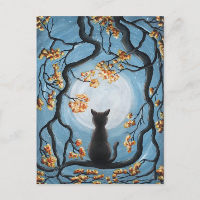Postal Gato caprichoso en pintura de la luna llena de árb (Anverso)