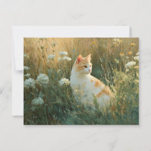 Postal Gato caprichoso en un campo de flores silvestres