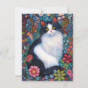 Postal Gato caprichoso y caprichoso con flores silvestres