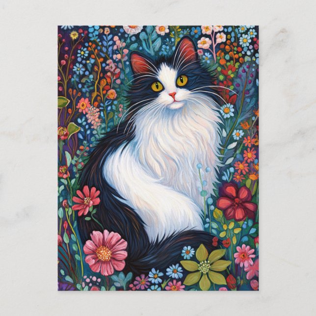 Postal Gato caprichoso y caprichoso con flores silvestres (Anverso)
