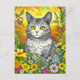 Postal Gato caprichoso y flores