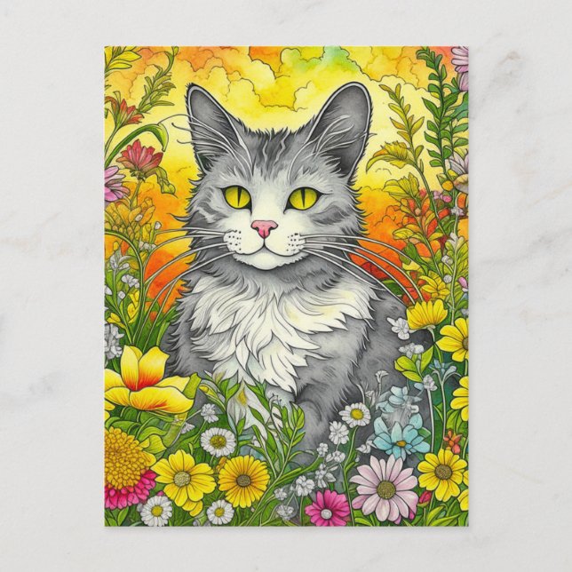 Postal Gato caprichoso y flores (Anverso)