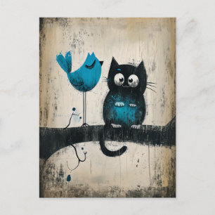Postal Gato caprichoso y pájaro en una sucursal