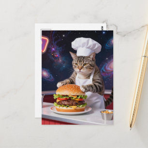 Postal Gato Chef Tabby Gris Lindo Preparando Hamburguesa