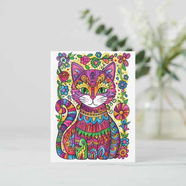 Postal Gato Colorido. (Anverso de pie)