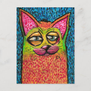 Postal Gato Colorido en Óleo Pastel Colores Brillantes Ga