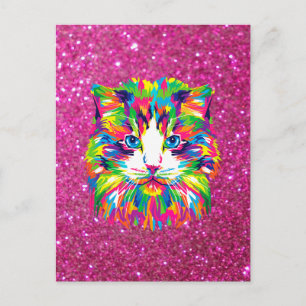 Postal Gato colorido sobre fondo brillante