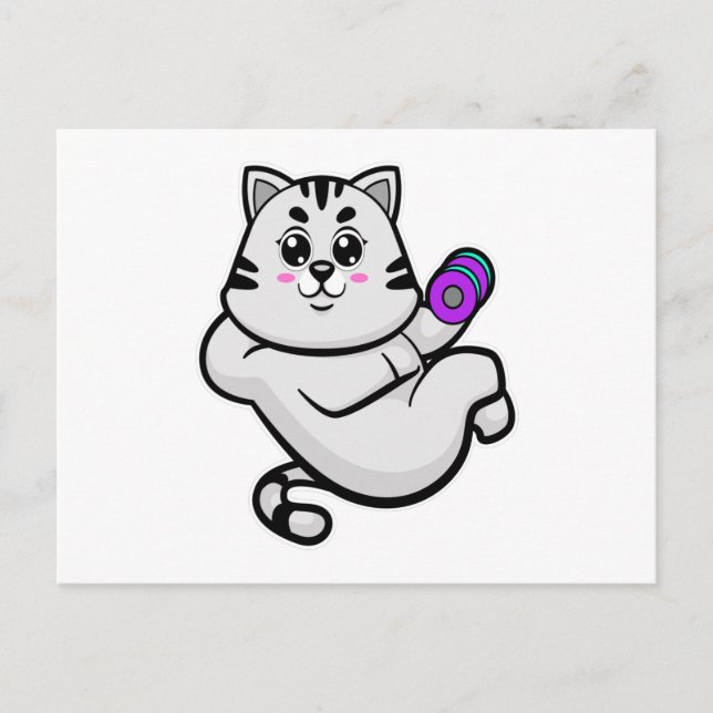 Postal Gato como culturista con mancuerna (Anverso)