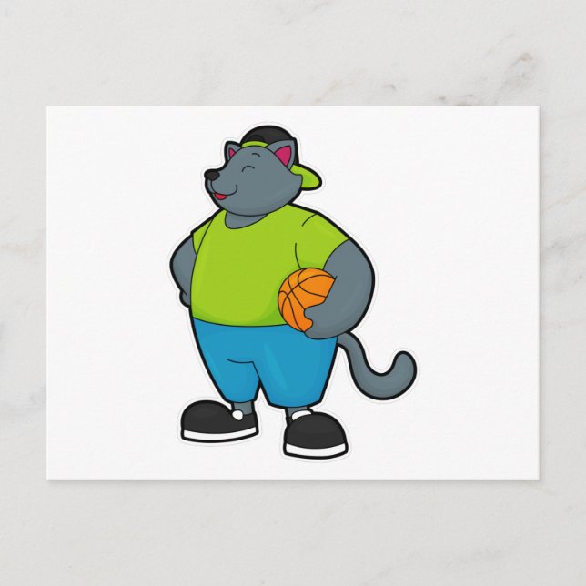 Postal Gato como jugador de baloncesto con balón de balon (Anverso)