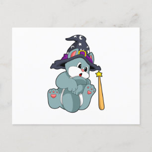 Postal Gato como Mago con Varita Mágica y Sombrero