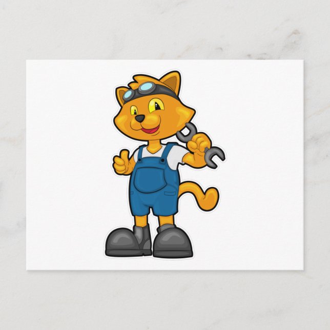 Postal Gato como mecánico con llave inglesa (Anverso)