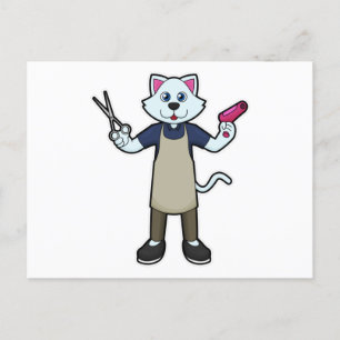 Postal Gato como peluquero con tijeras y secador de pelo