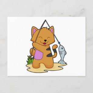 Postal Gato como pescador con caña de pescar y pez