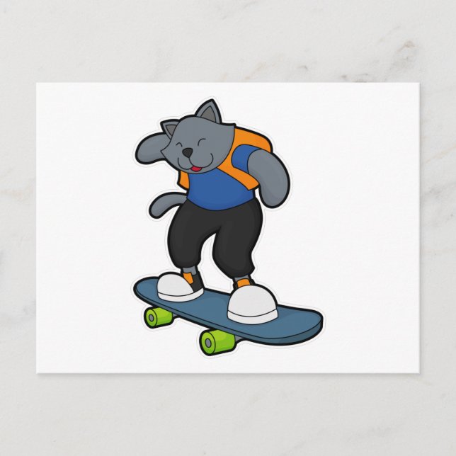 Postal Gato como Skateboarder con monopatín (Anverso)