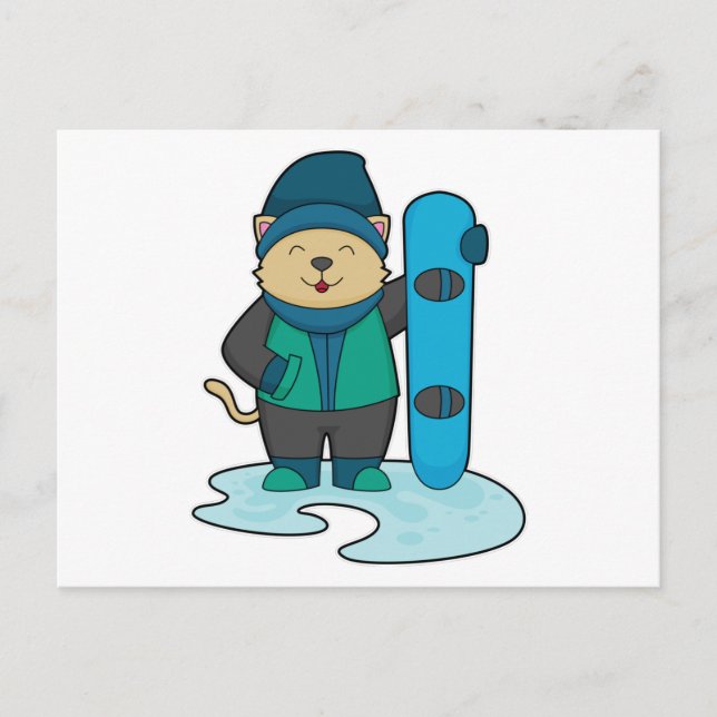 Postal Gato como snowboarder con Snowboard (Anverso)