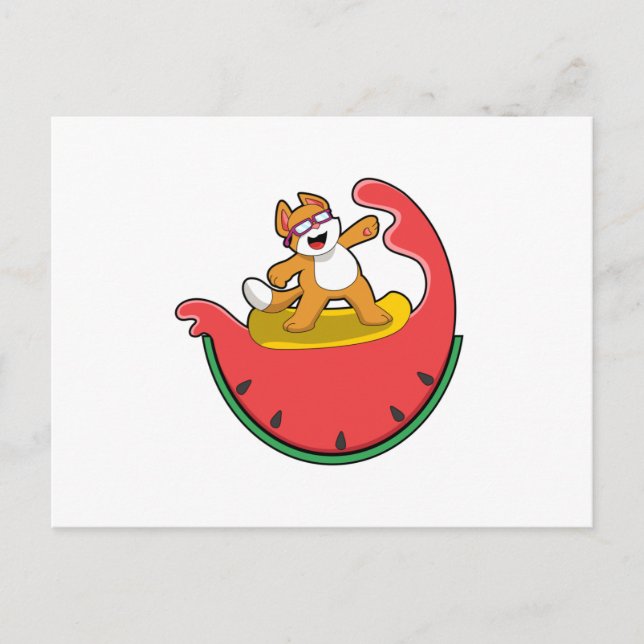Postal Gato como surfista con sandía (Anverso)