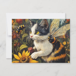 Postal Gato con abejas y flores