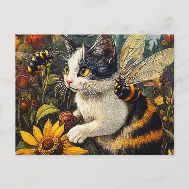 Postal Gato con abejas y flores (Anverso)