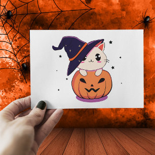 Postal Gato con bruja gorra en Halloween Jack-O-Lantern