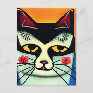 Postal Gato con flores en collage de mejillas