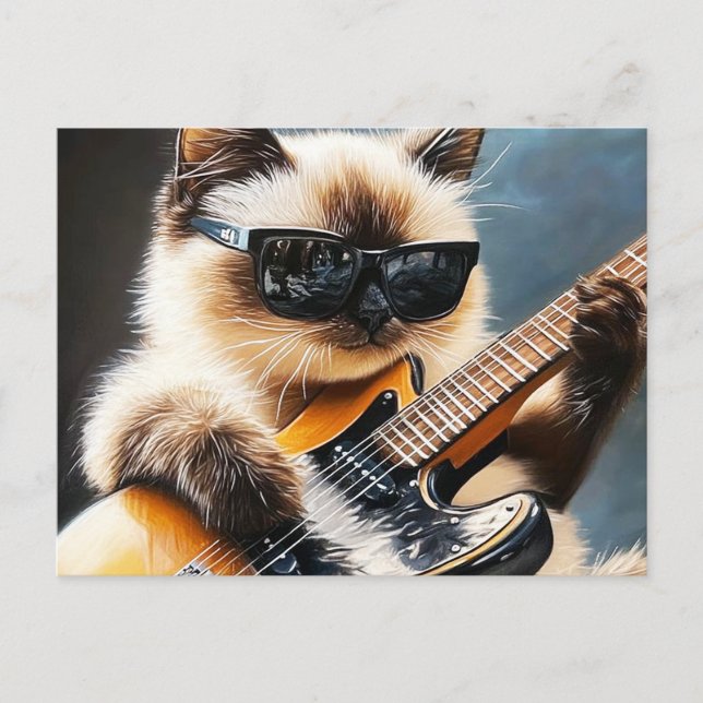 Postal Gato con gafas de sol tocando la guitarra (Anverso)