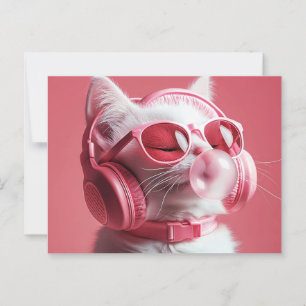 Postal Gato con gafas de sol usando auriculares