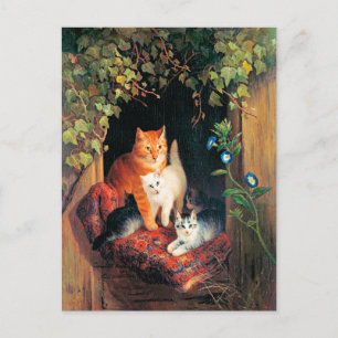 Postal Gato con gatitos, pintura artística fina,