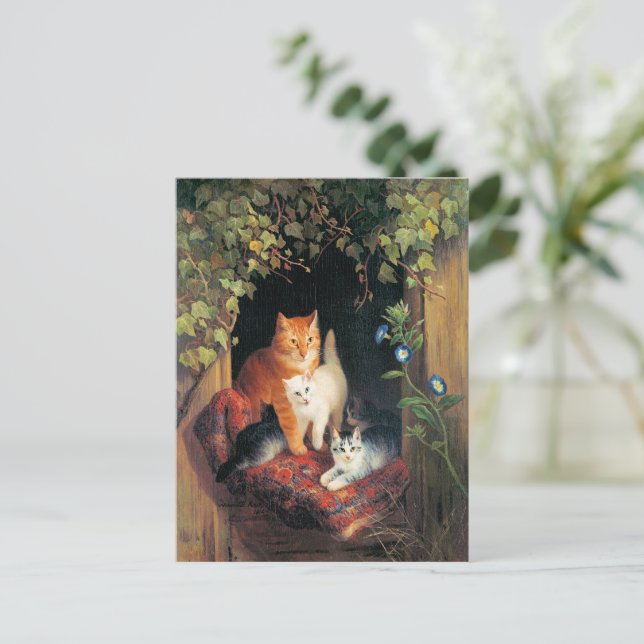 Postal Gato con gatitos, pintura de arte fino, (Anverso de pie)