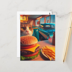 Postal Gato con hamburguesa de queso y bolas en la cena r