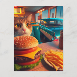 Postal Gato con hamburguesa de queso y bolas en la cena r