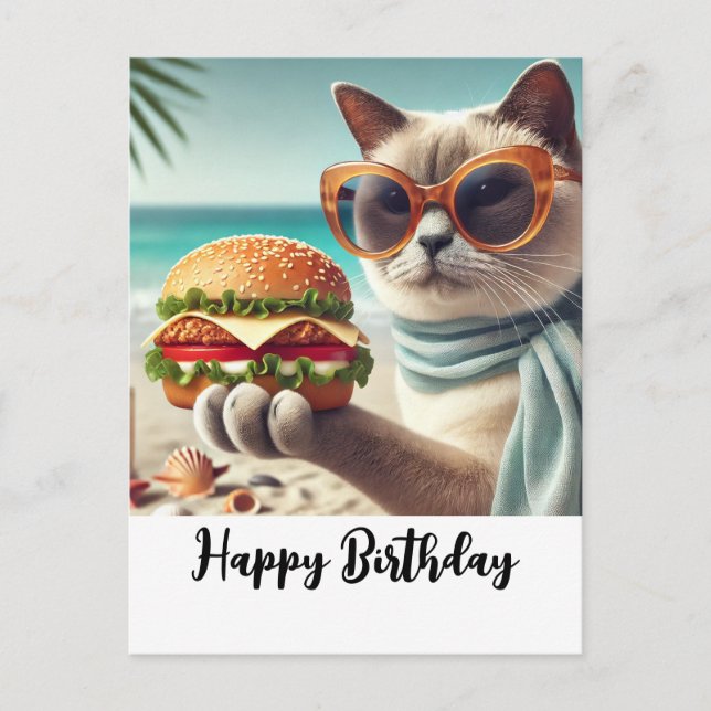 Postal Gato con hamburguesa Feliz Cumpleaños  (Anverso)