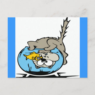 Postal Gato con la cabeza atascada en un tazón de pescado