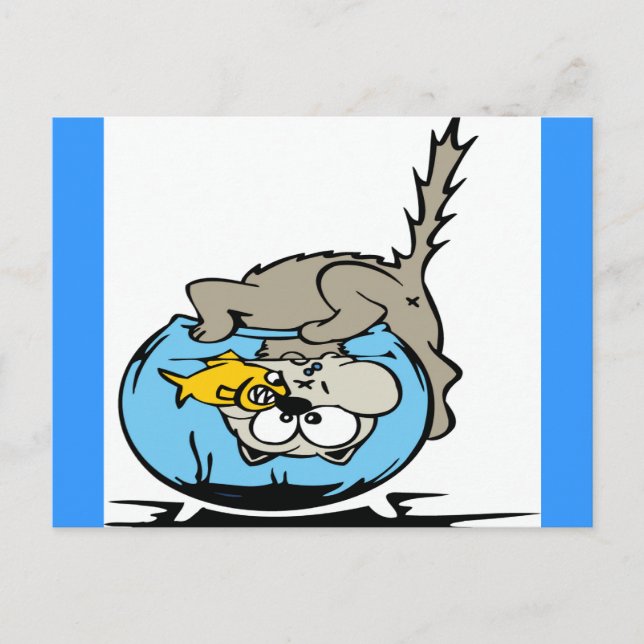 Postal Gato con la cabeza atascada en un tazón de pescado (Anverso)