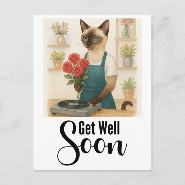 Postal Gato con muchas flores Que te mejores pronto  (Anverso)