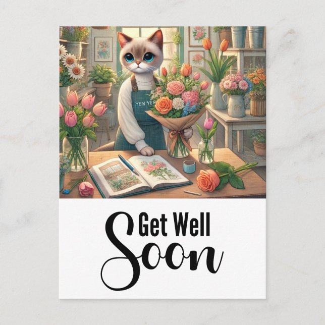 Postal Gato con muchas flores. ¡Recupérate pronto! (Anverso)