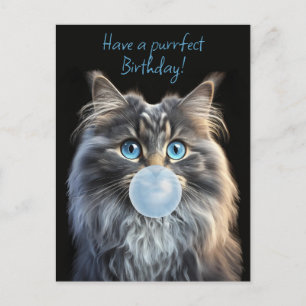 Postal Gato con ojos azules soplando un chicle azul
