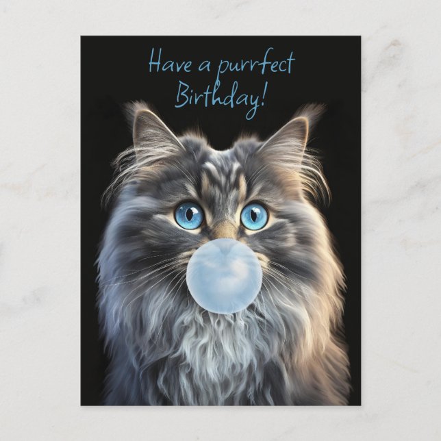 Postal Gato con ojos azules soplando un chicle azul (Anverso)