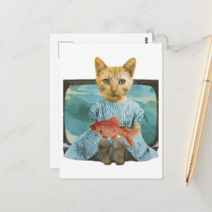 Postal Gato con pez dorado en collage retro de TV